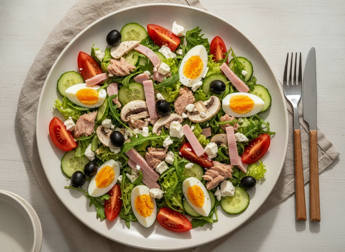 Gemischter Salat mit Thunfisch, Schinken und Ei photo