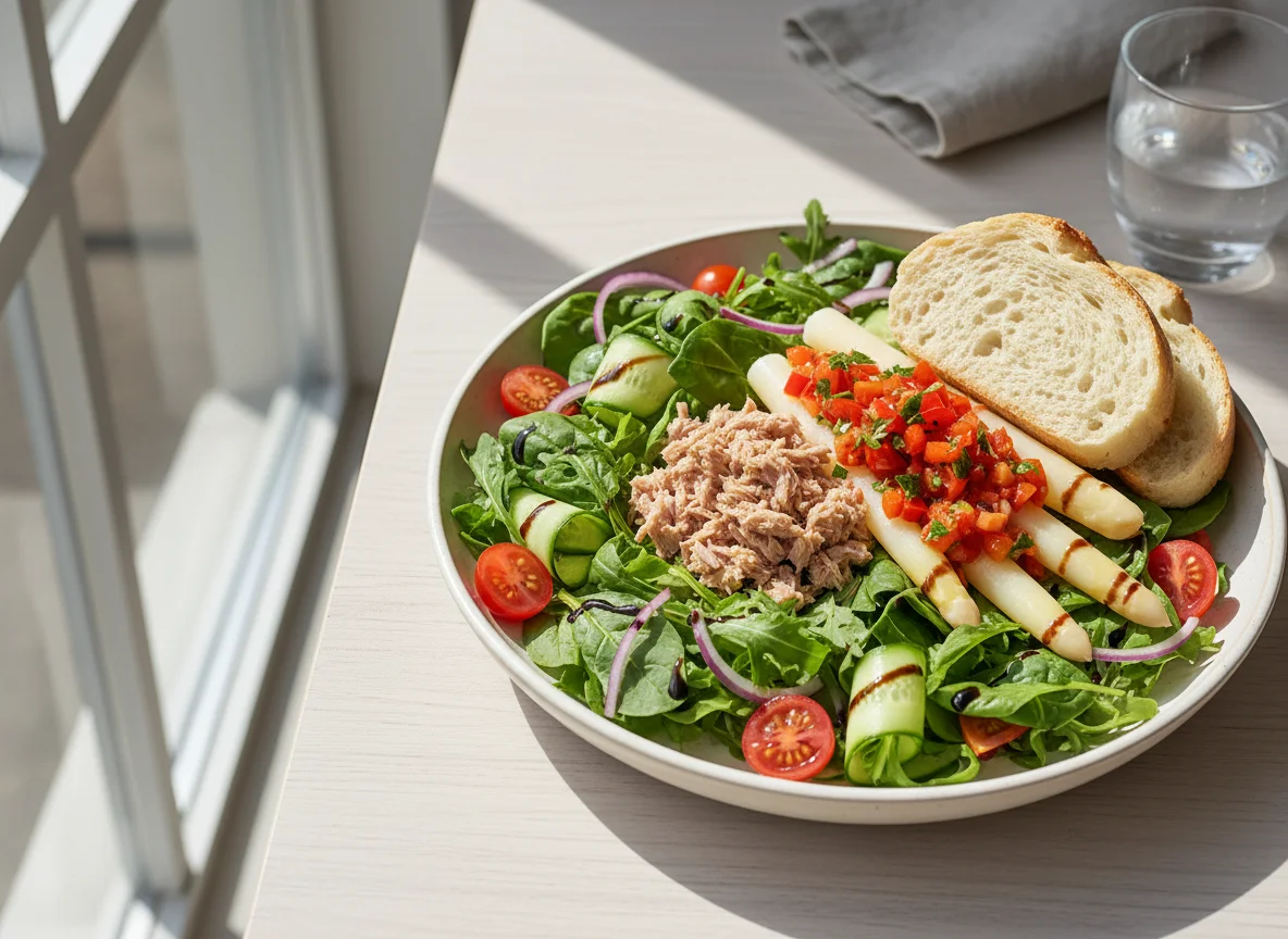 Gemischter Salat mit Thunfisch, Spargel und Brot photo