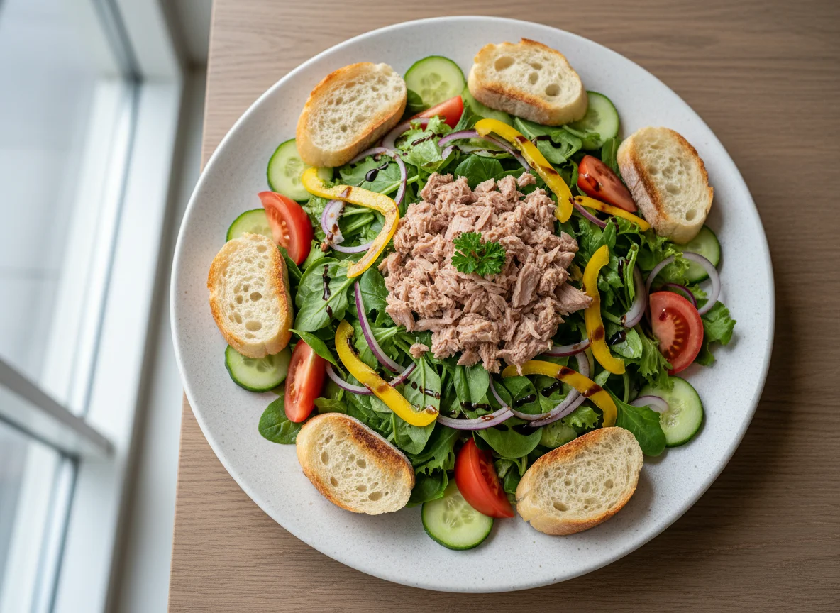 Gemischter Salat mit Thunfisch und Brot photo