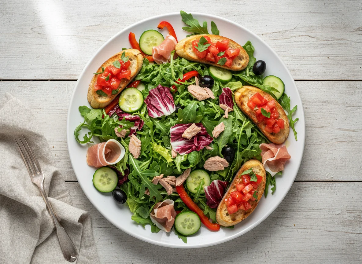 Gemischter Salat mit Thunfisch und Bruschetta photo