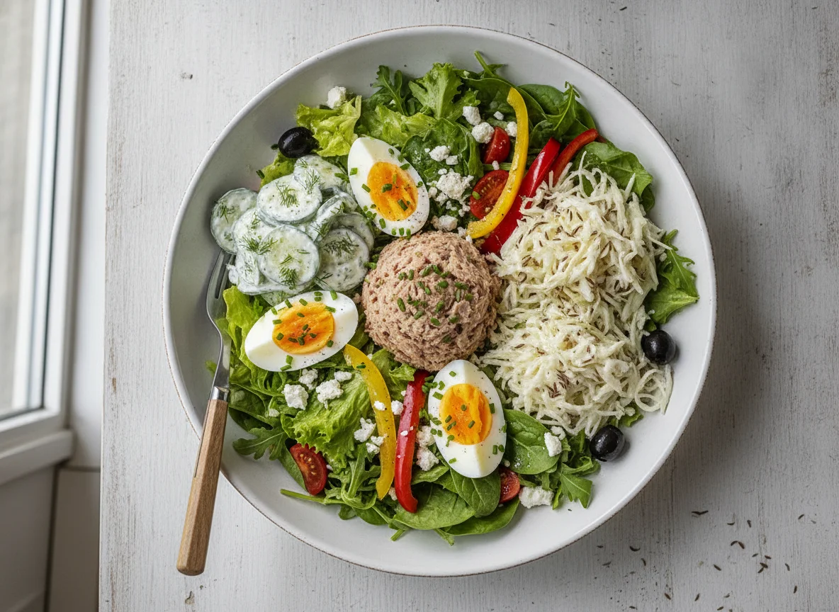 Gemischter Salat mit Thunfisch und Eiern photo