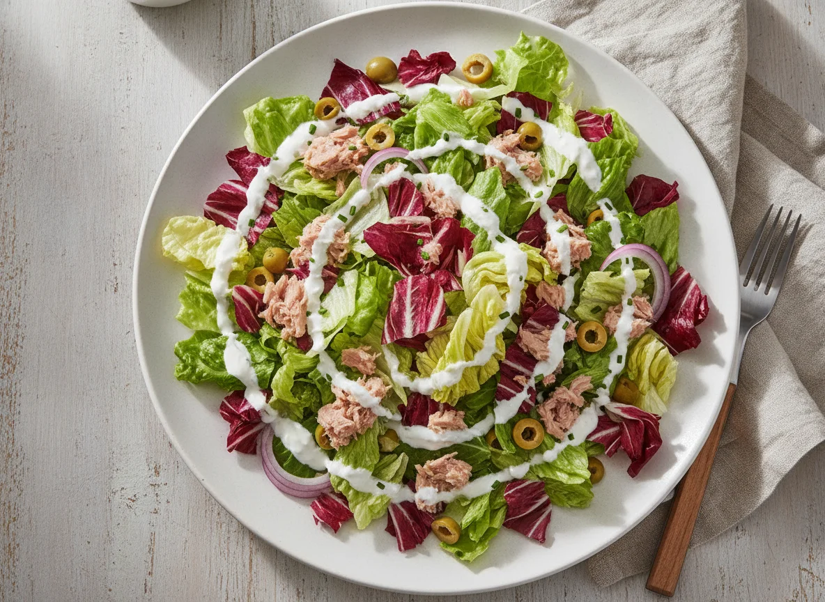 Gemischter Salat mit Thunfisch und Joghurtdressing photo
