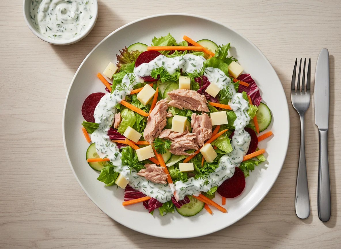 Gemischter Salat mit Thunfisch und Käse photo