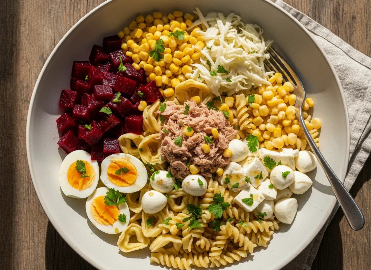 Gemischter Salat mit Thunfisch und Pasta photo