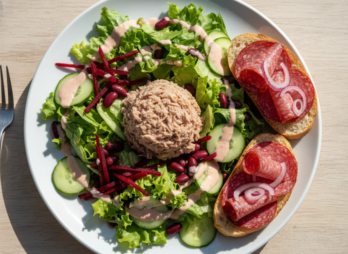Gemischter Salat mit Thunfisch und Salami-Brot photo
