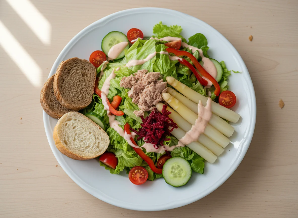 Gemischter Salat mit Thunfisch und Spargel photo