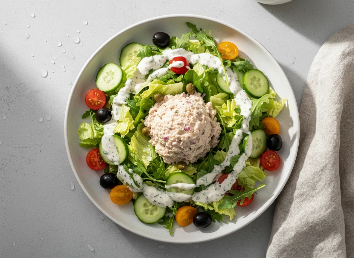 Gemischter Salat mit Thunfischsalat und Dressing photo