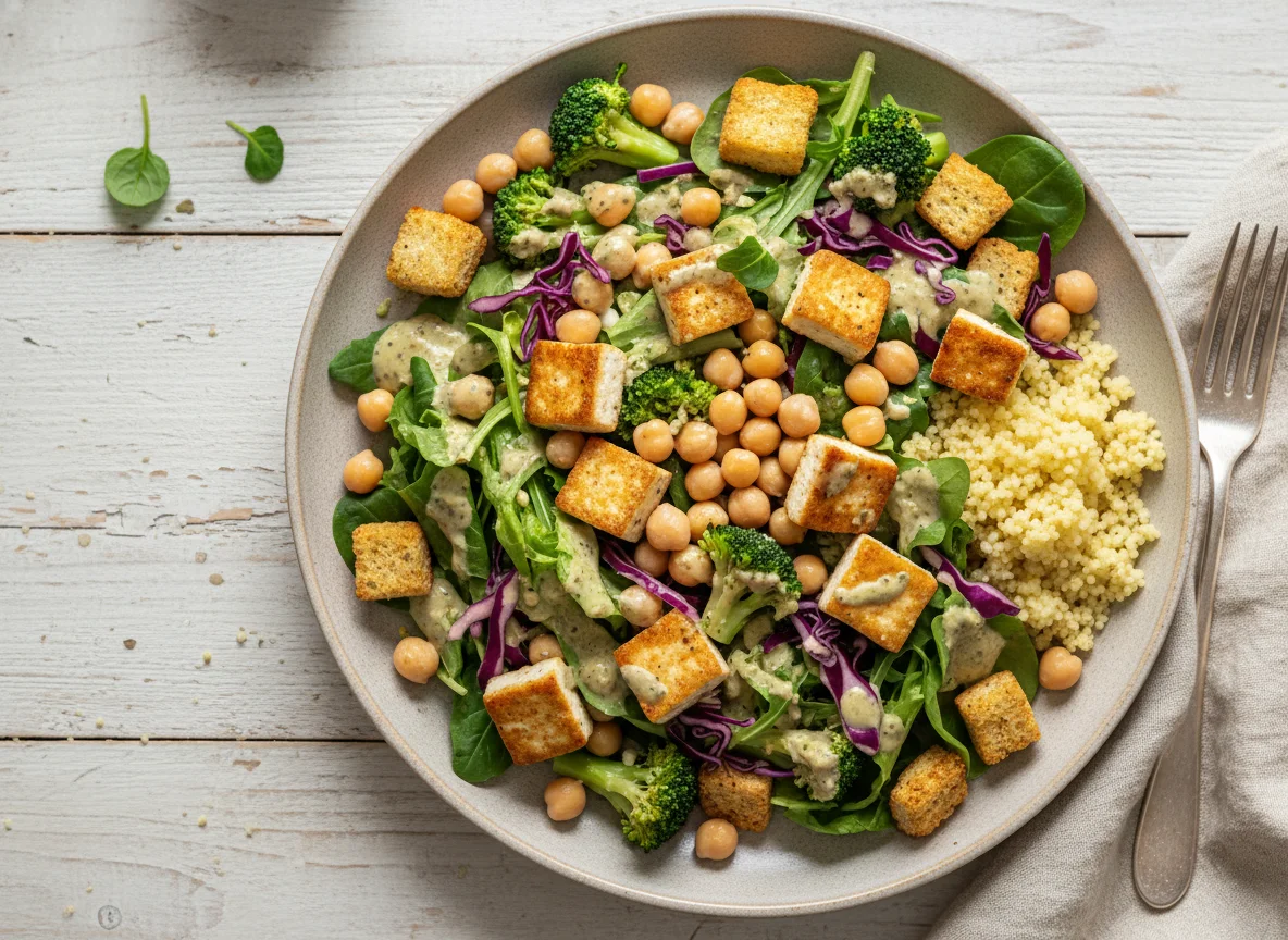 Gemischter Salat mit Tofu, Kichererbsen und Couscous photo