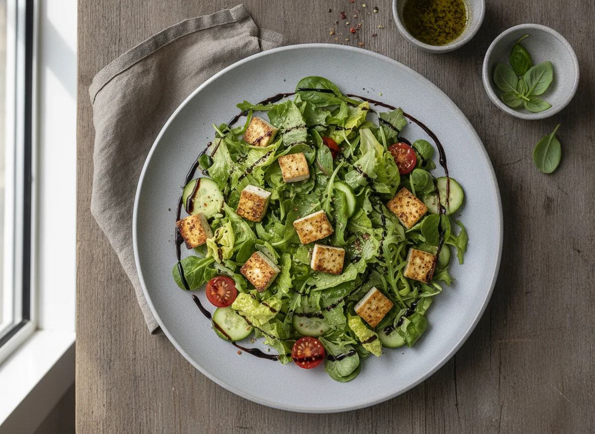 Gemischter Salat mit Tofu und Balsamico-Dressing photo