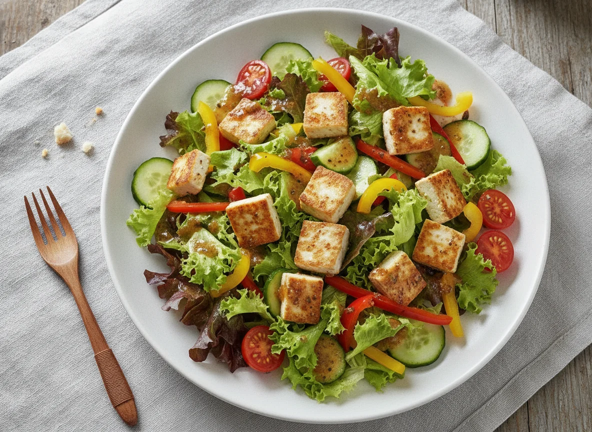 Gemischter Salat mit Tofu und Dressing photo