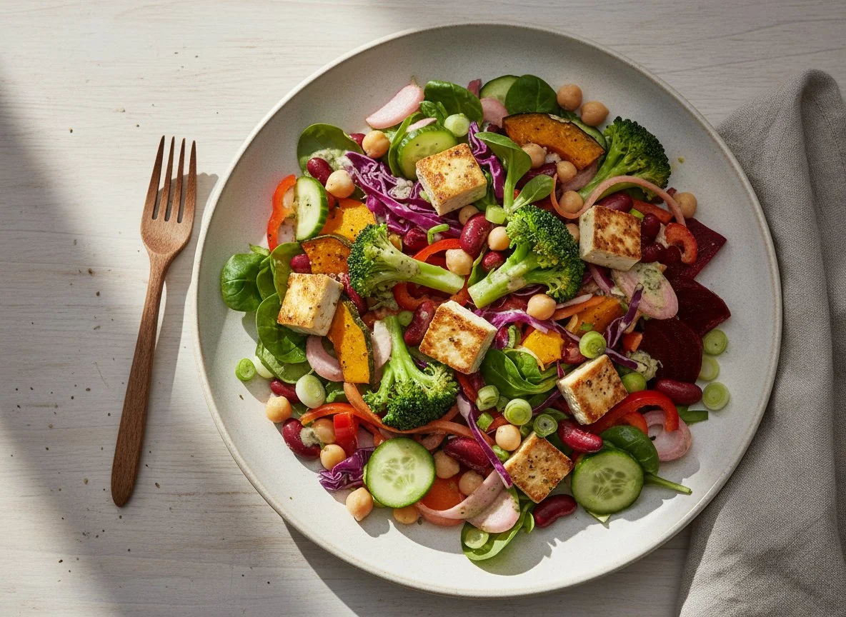 Gemischter Salat mit Tofu und Hülsenfrüchten photo