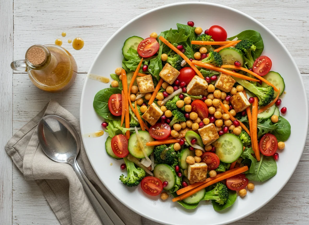 Gemischter Salat mit Tofu und Kichererbsen photo
