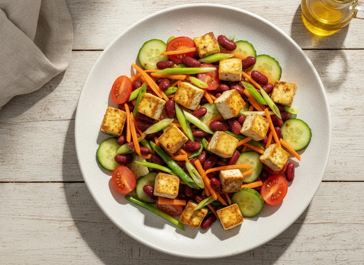 Gemischter Salat mit Tofu und Kidneybohnen photo