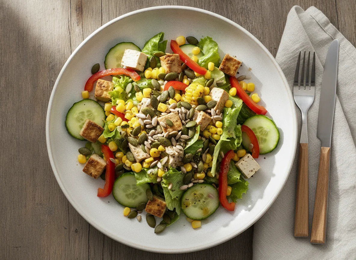 Gemischter Salat mit Tofu und Mais photo