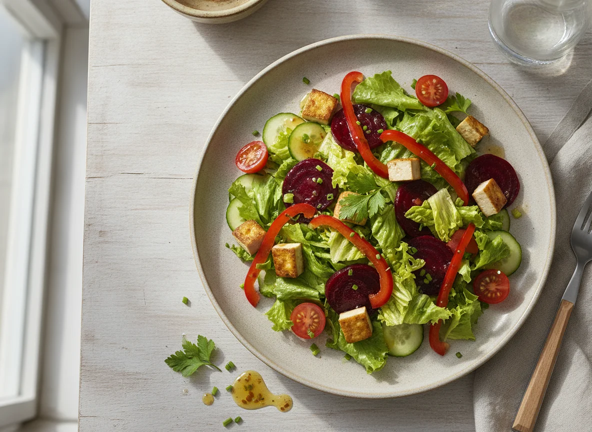 Gemischter Salat mit Tofu und Roter Bete photo