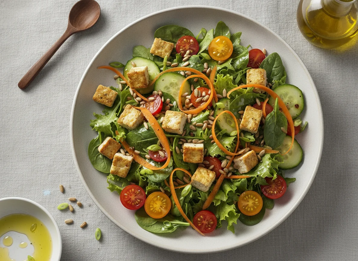Gemischter Salat mit Tofu und Sonnenblumenkernen photo