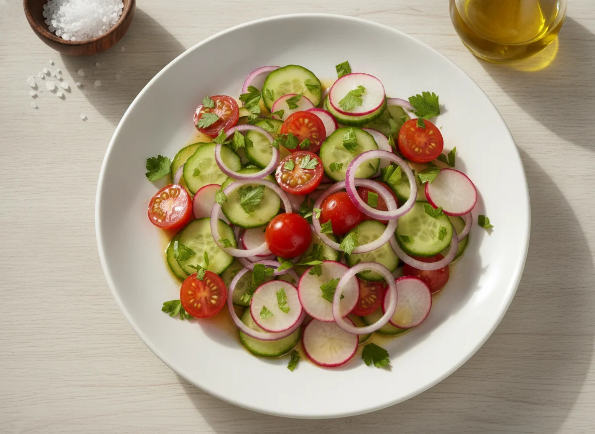 Gemischter Salat mit Tomaten, Gurken und Radieschen photo