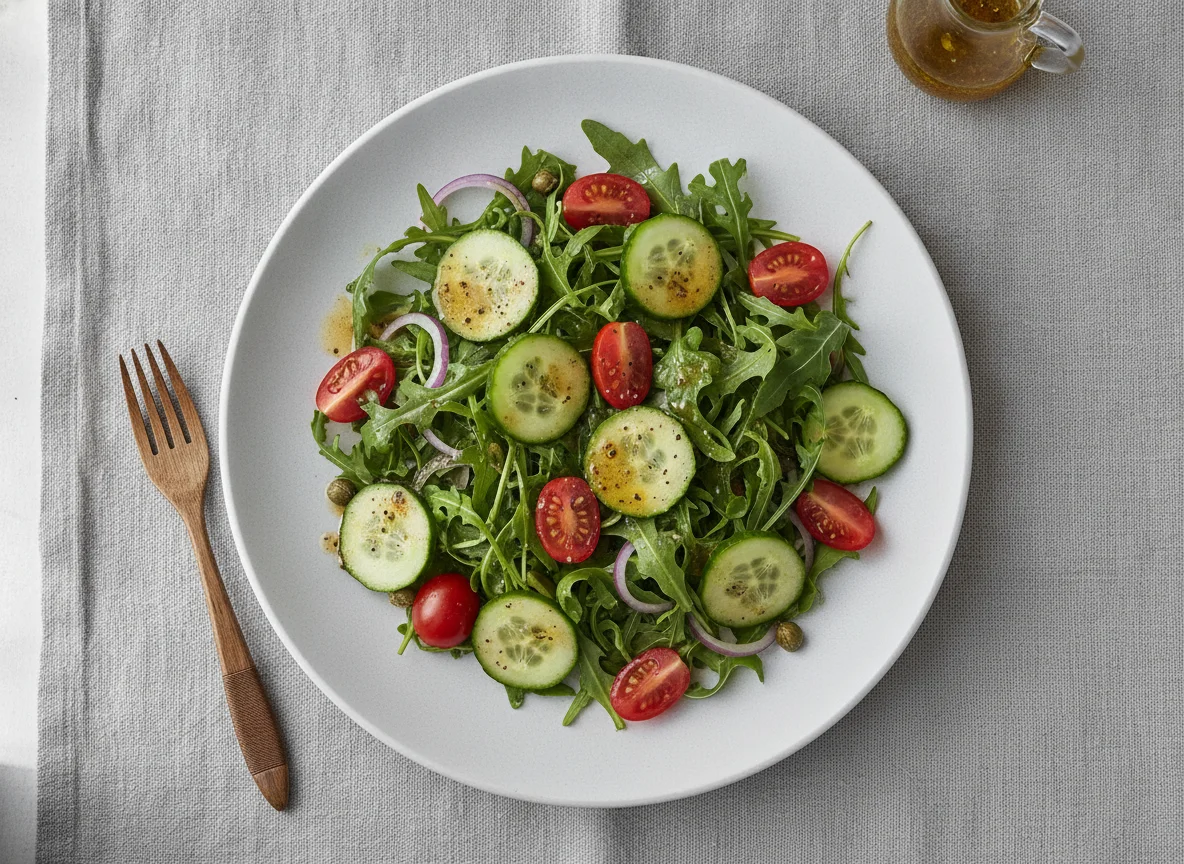 Gemischter Salat mit Tomaten, Gurken und Rucola photo