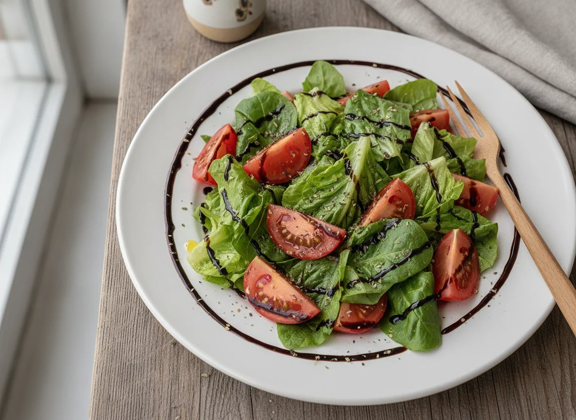 Gemischter Salat mit Tomaten und Balsamico-Dressing photo