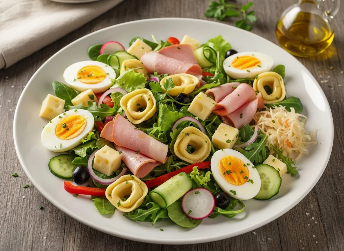 Gemischter Salat mit Tortellini und Schinken photo