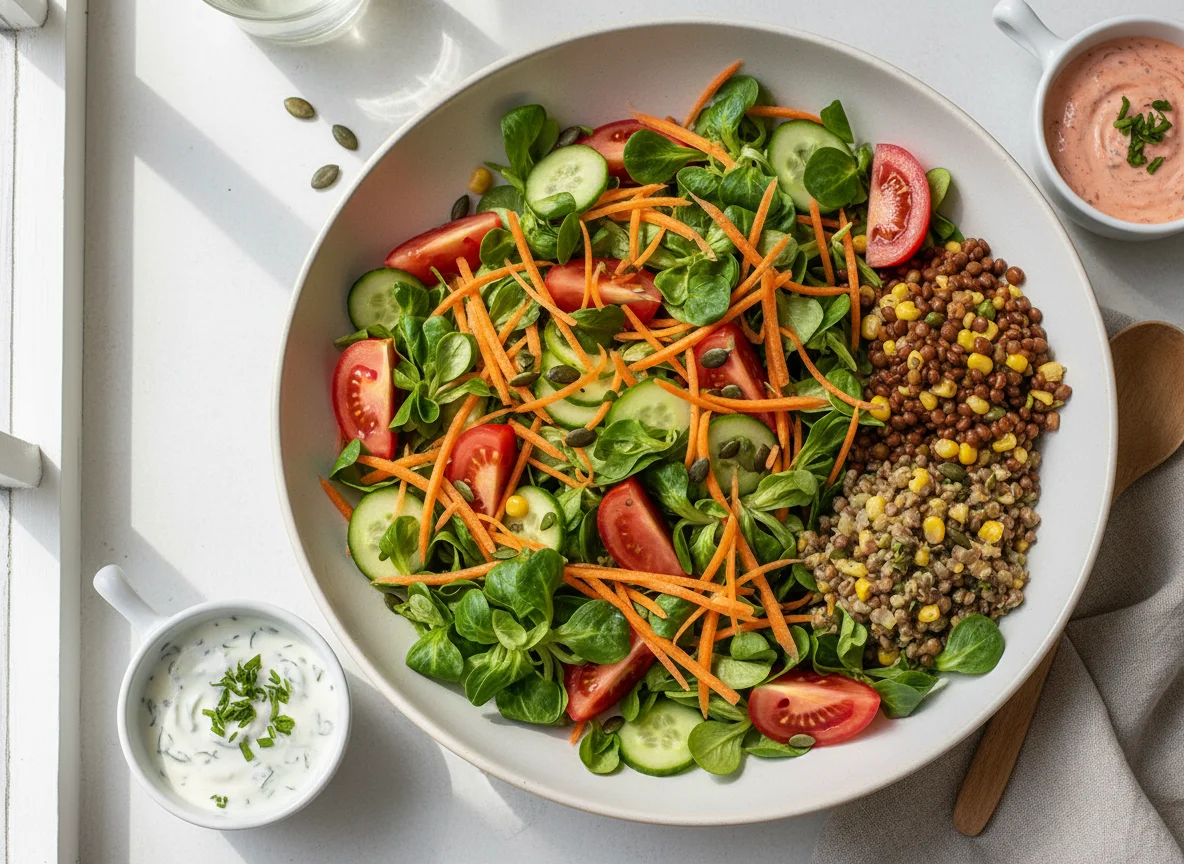 Gemischter Salat mit verschiedenen Dressings photo