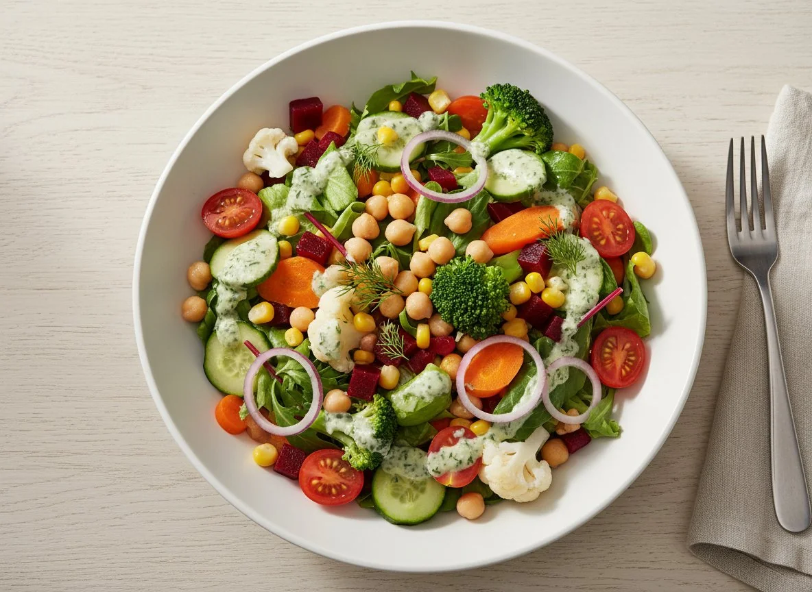 Gemischter Salat mit verschiedenen Gemüsesorten und Dressing photo