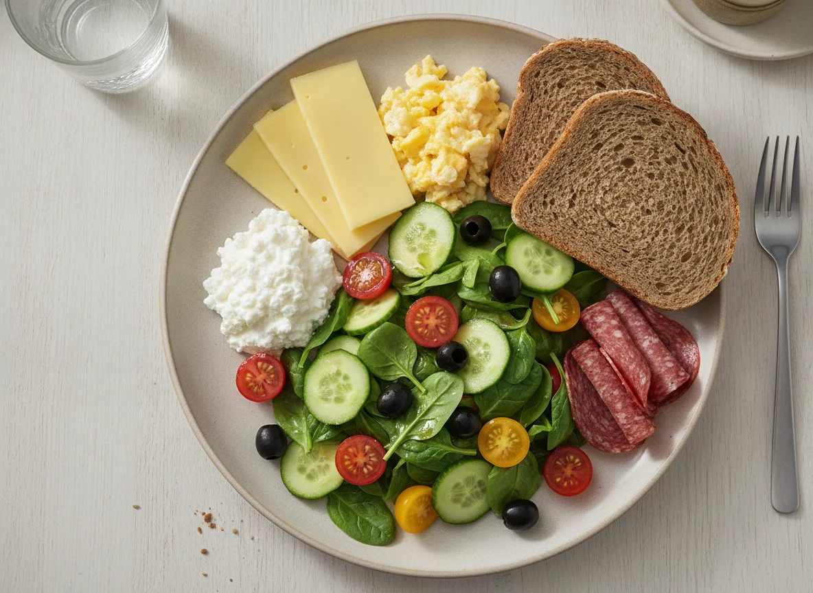 Gemischter Salat mit Vollkornbrot, Hüttenkäse, Käse und Salami photo