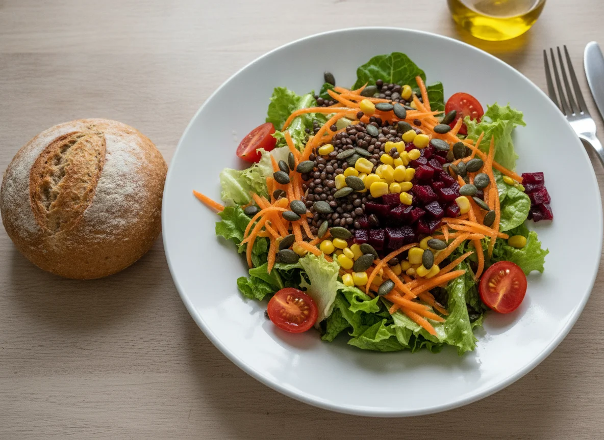 Gemischter Salat mit Vollkornbrötchen photo