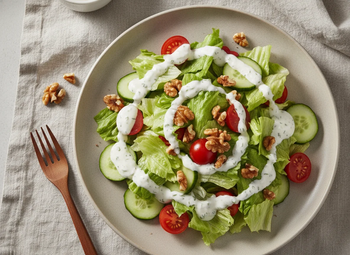 Gemischter Salat mit Walnüssen und Joghurt-Dressing photo