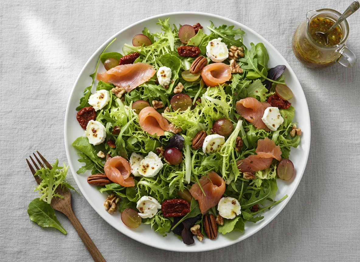 Gemischter Salat mit Ziegenkäse, Lachs und Nüssen photo