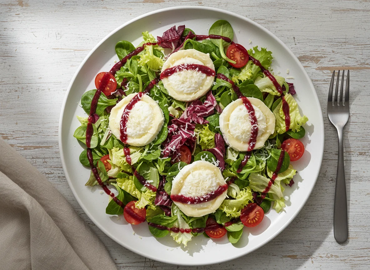 Gemischter Salat mit Ziegenkäse und Dressing photo
