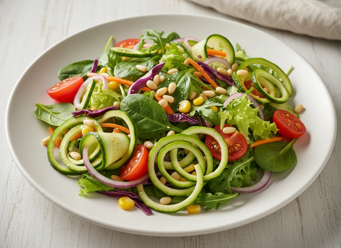 Gemischter Salat mit Zucchini-Nudeln und Dressing photo