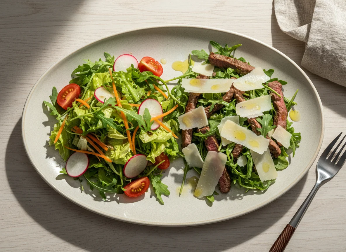 Gemischter Salat und Rindfleischsalat mit Parmesan photo