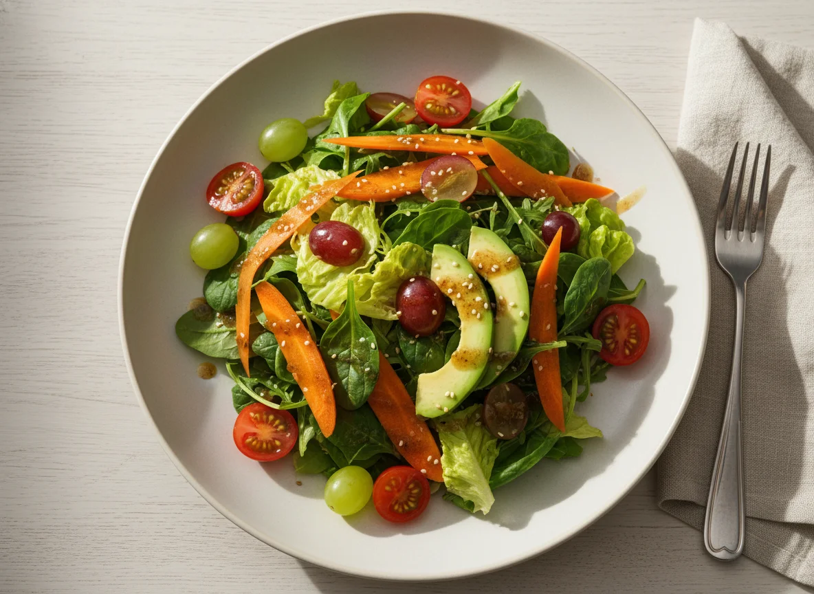 Gemischter Salatteller mit Avocado und Trauben photo