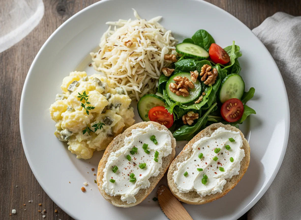 Gemischter Salatteller mit Brötchen photo