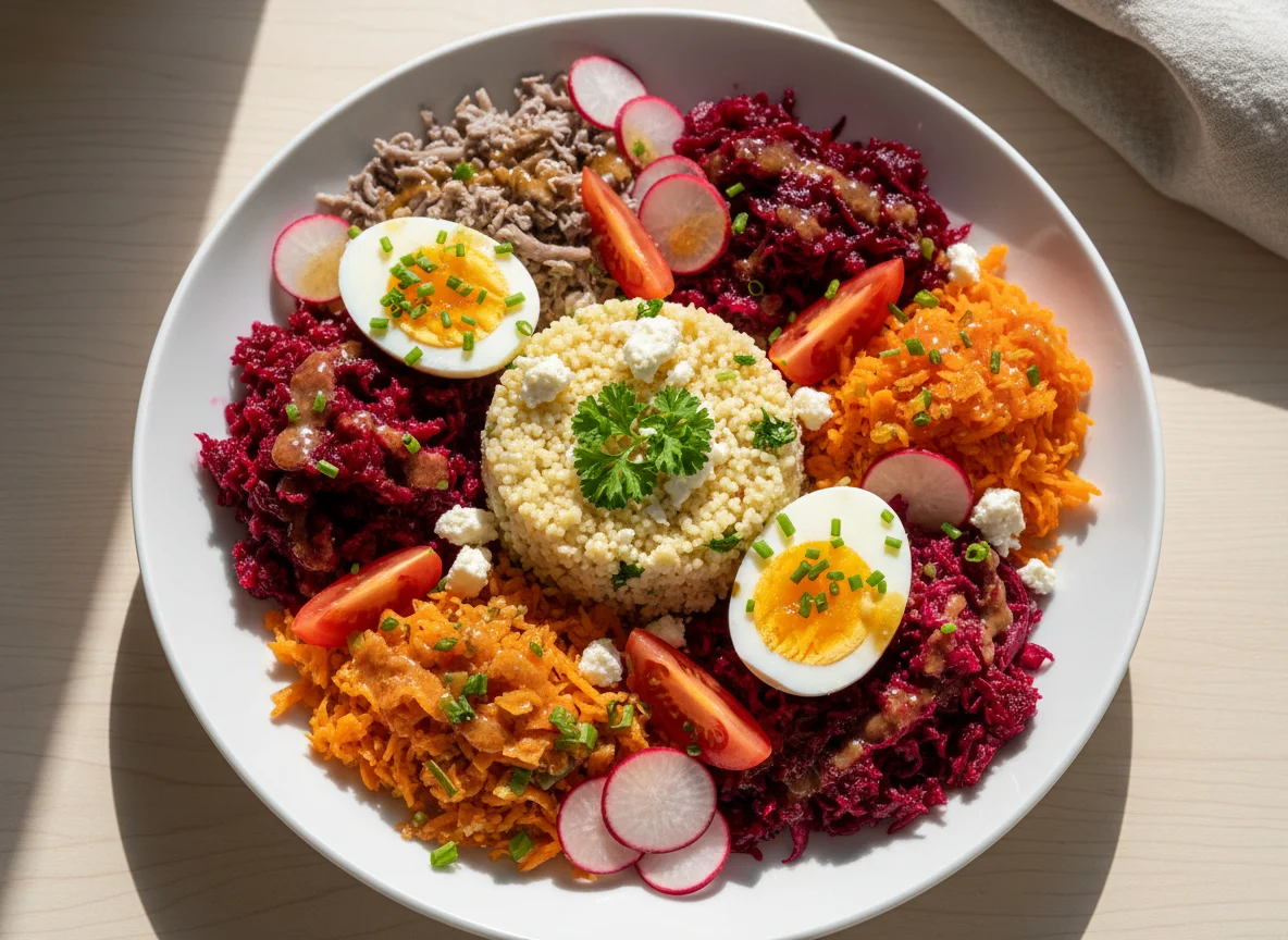 Gemischter Salatteller mit Couscous und Ei photo