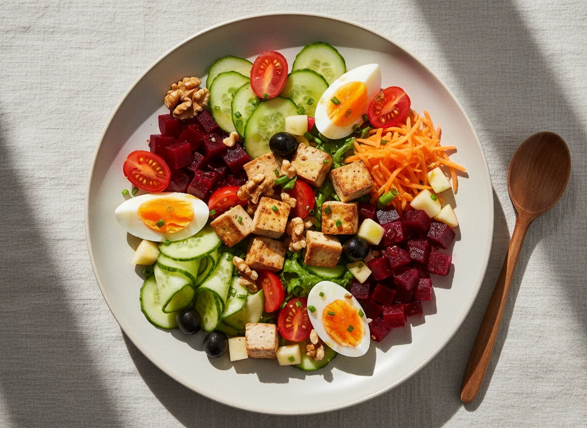 Gemischter Salatteller mit Ei und Tofu photo