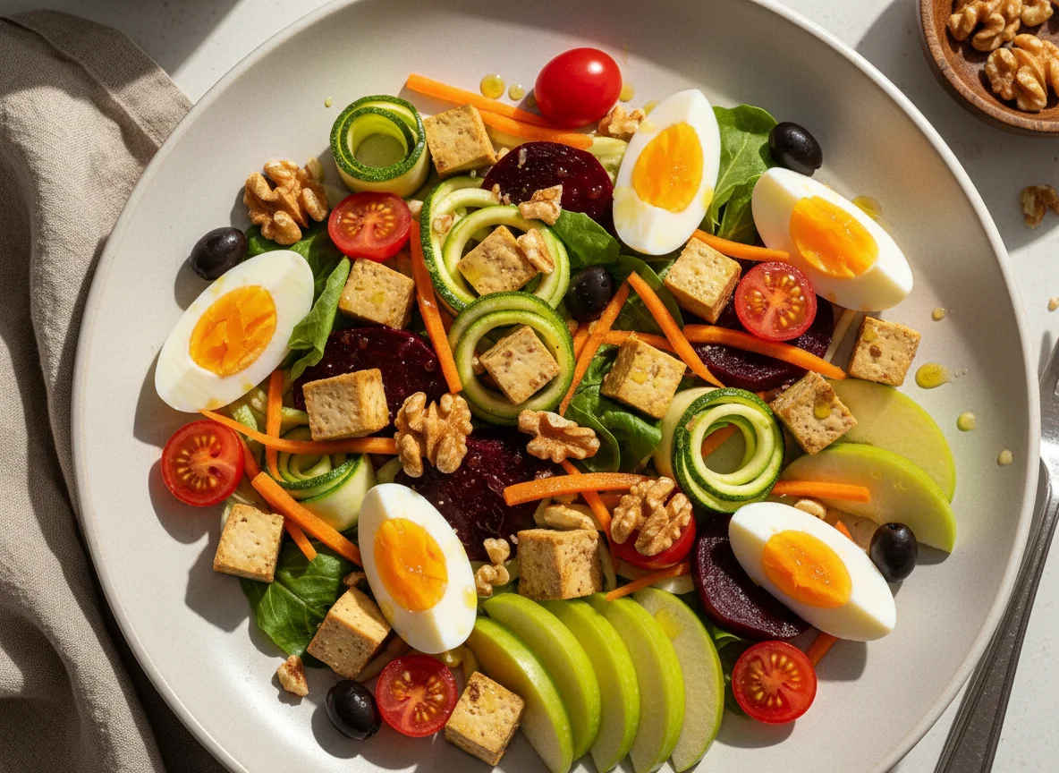 Gemischter Salatteller mit Eiern, Tofu und Nüssen photo