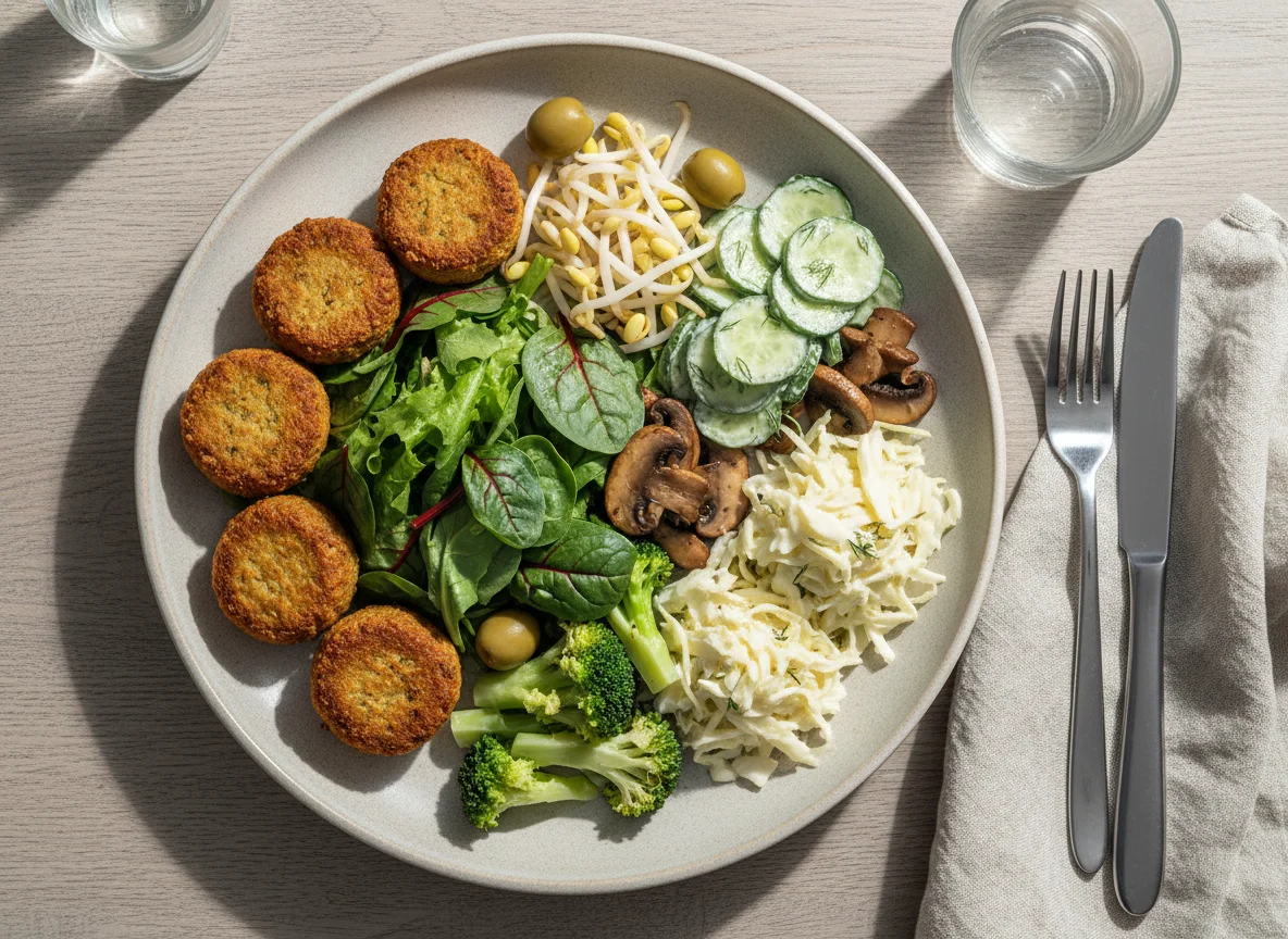 Gemischter Salatteller mit Falafel und Beilagen photo