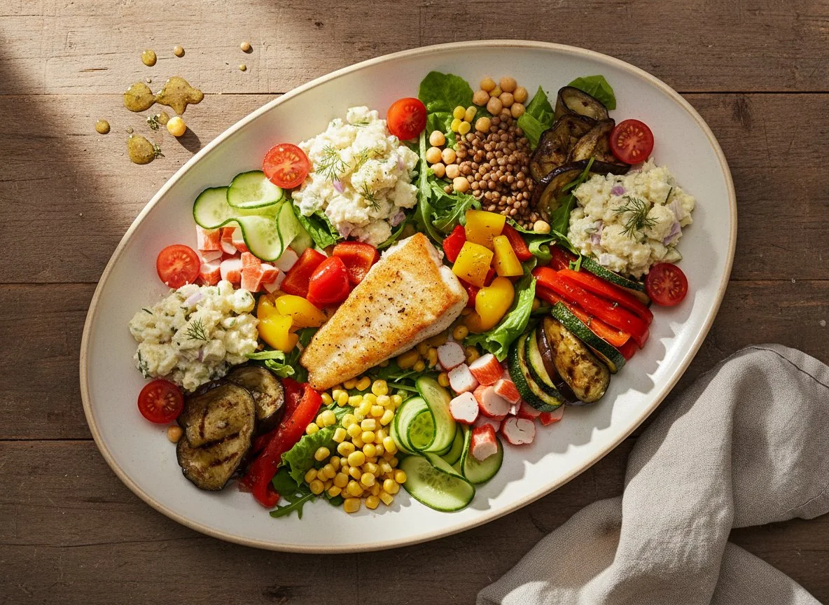 Gemischter Salatteller mit Fisch und Peperoni photo