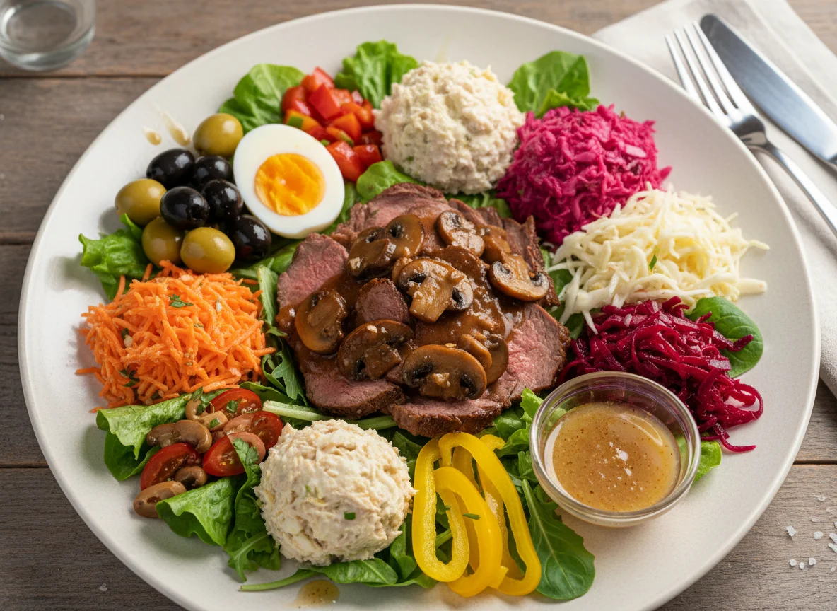 Gemischter Salatteller mit Fleisch und Beilagen photo