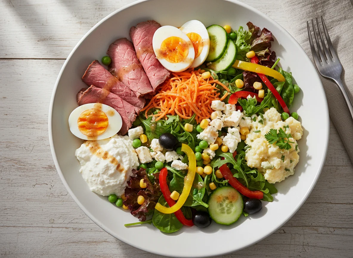 Gemischter Salatteller mit Fleisch und Ei photo