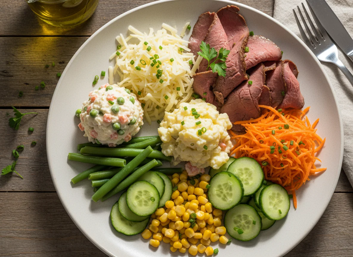 Gemischter Salatteller mit Fleisch und Käse photo