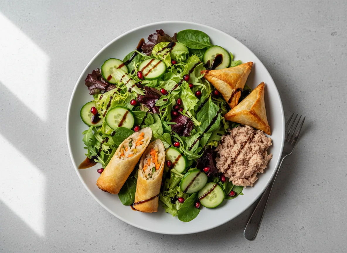Gemischter Salatteller mit Frühlingsrollen und Thunfisch photo