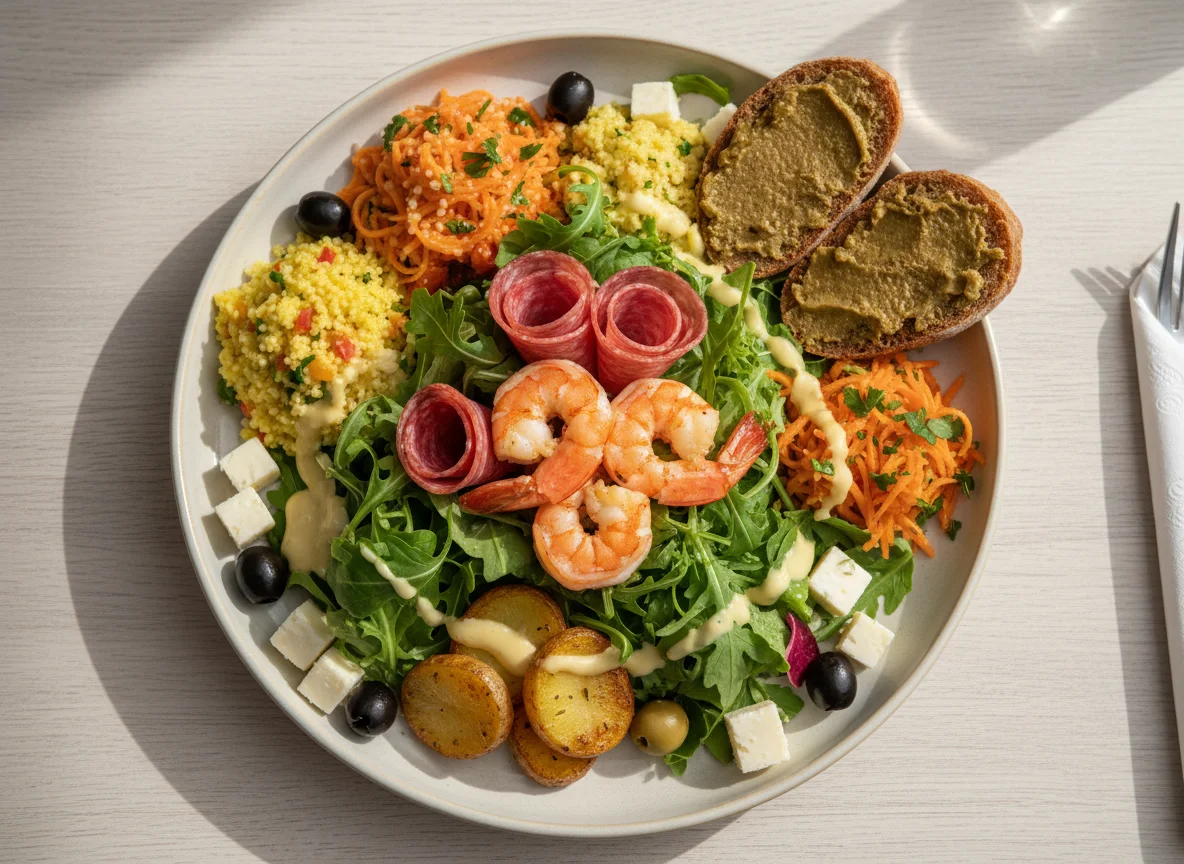 Gemischter Salatteller mit Garnelen und Salami photo