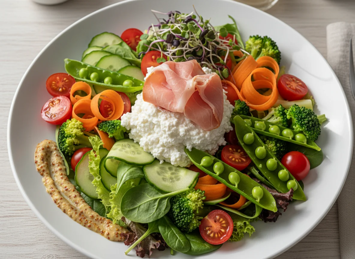 Gemischter Salatteller mit Hüttenkäse und Schinken photo