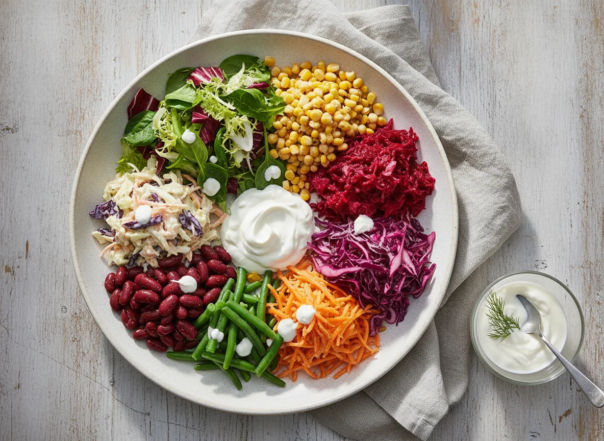 Gemischter Salatteller mit Joghurt-Dressing photo