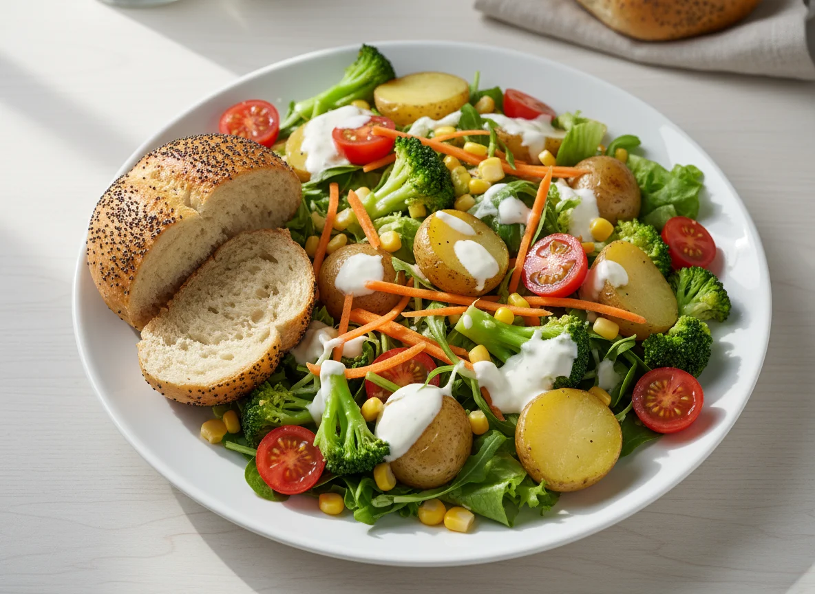 Gemischter Salatteller mit Kartoffeln und Brötchen photo