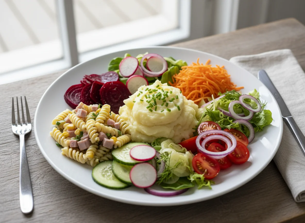 Gemischter Salatteller mit Kartoffelpüree und Nudelsalat photo