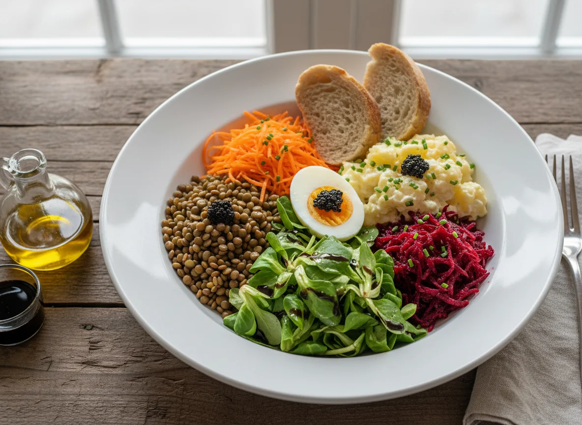 Gemischter Salatteller mit Kartoffelsalat und Linsen photo